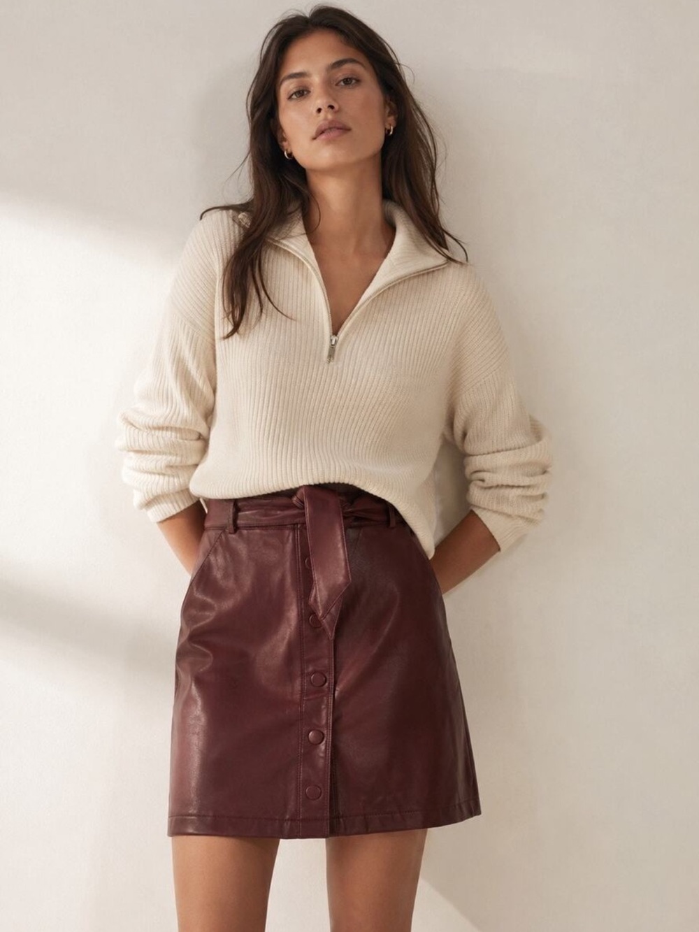 Abercrombie & Fitch Faux Leather Button Front Mini Skirt Belted Burgundy Small